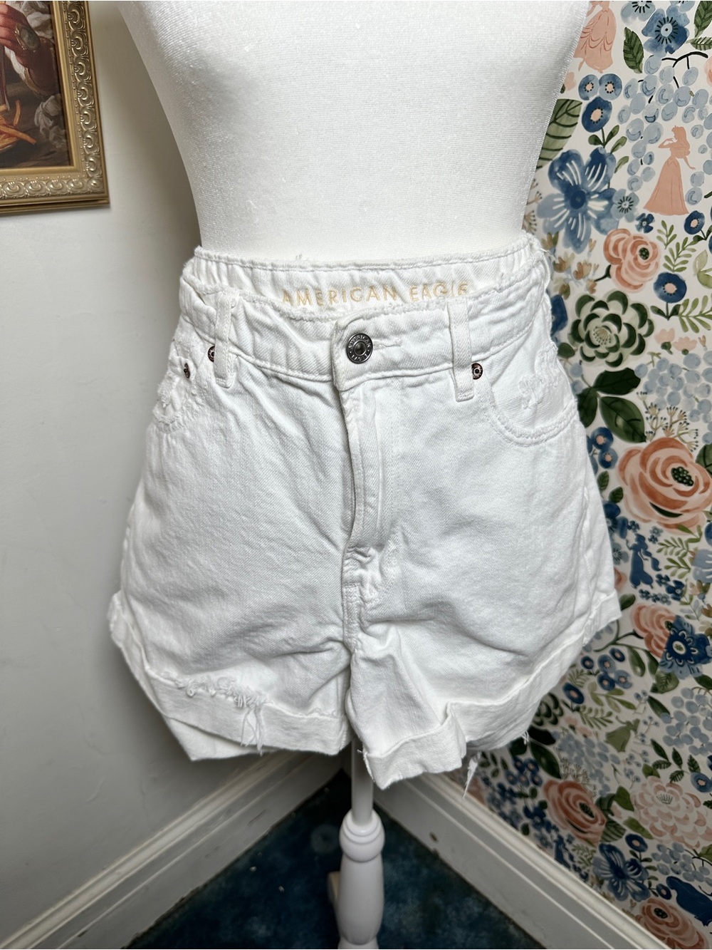 American Eagle Outfitters White High-Waist Distressed Denim Shorts